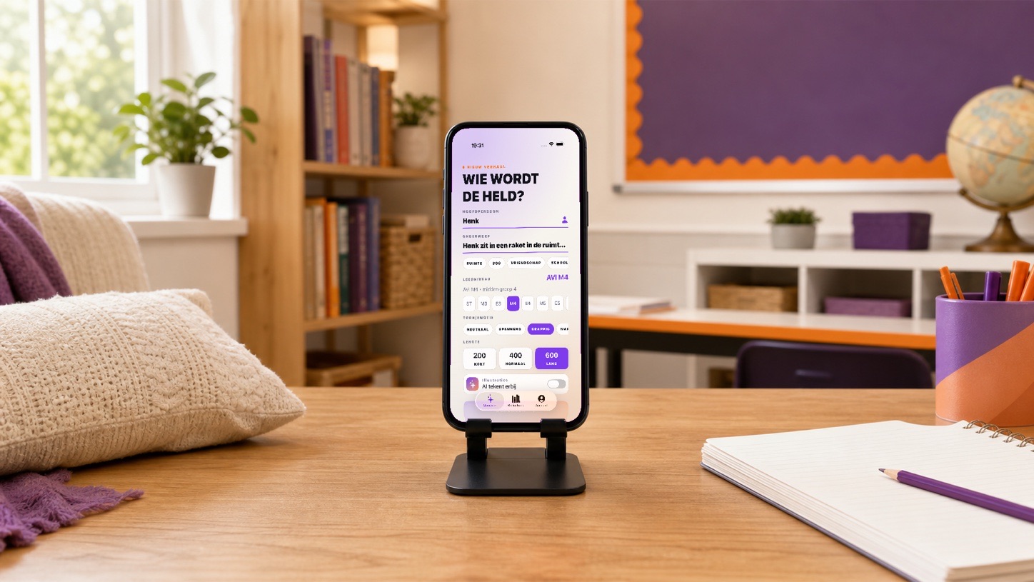 EVI-verhaalgenerator op een telefoon tussen een leeshoek thuis en een klaswerkplek.