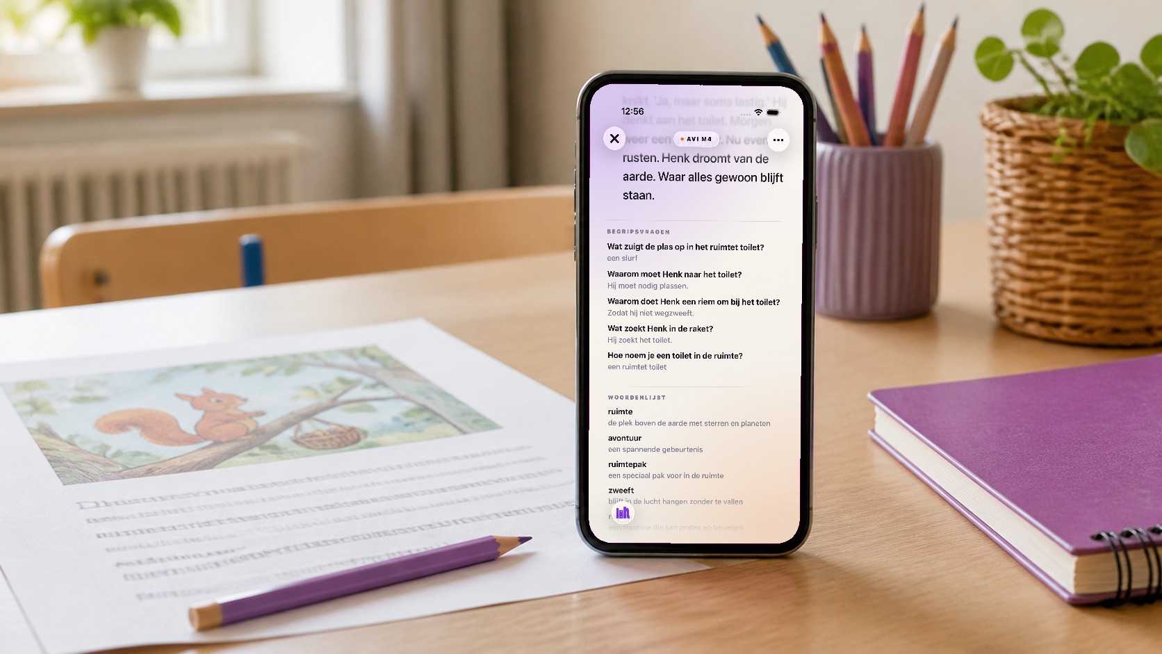 Een telefoon op een schooltafel toont de EVI-begripsvragen en woordenlijst naast een geprint leesverhaal.
