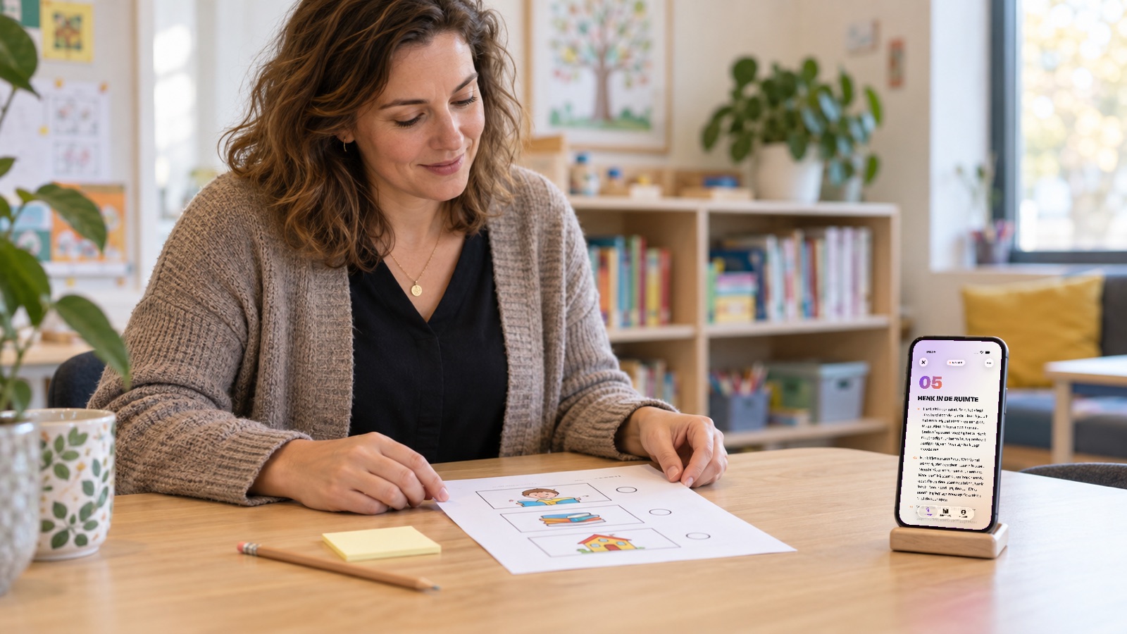 Een intern begeleider bereidt aan een schooltafel een leesafspraak voor, naast een telefoon met een echt EVI-leesverhaal.