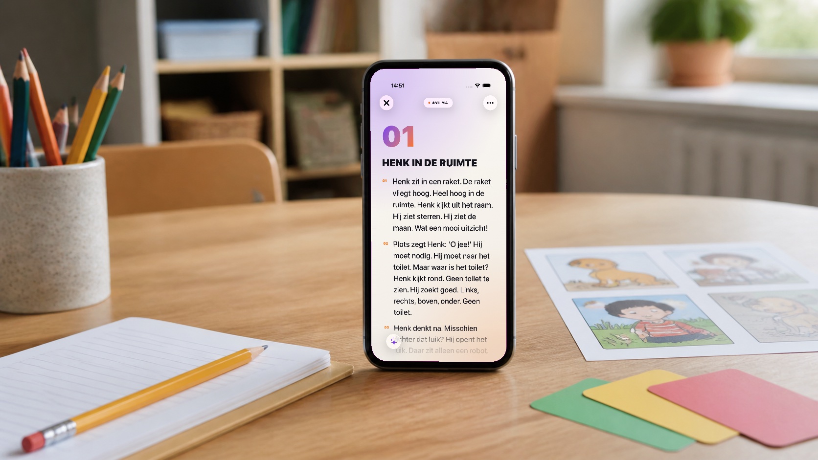 Een telefoon toont een EVI-leesverhaal op een rustige leestafel met potloden, schrift en kaartjes.