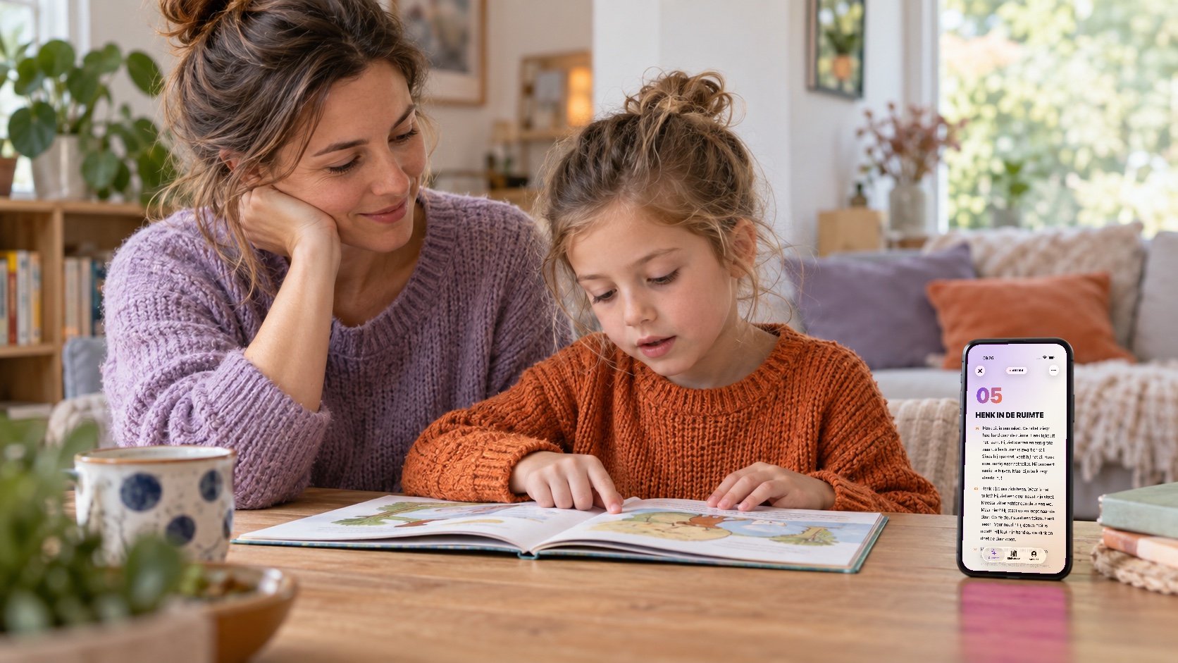 Een ouder luistert thuis terwijl een kind leest, naast een telefoon met een echt EVI-leesverhaal.
