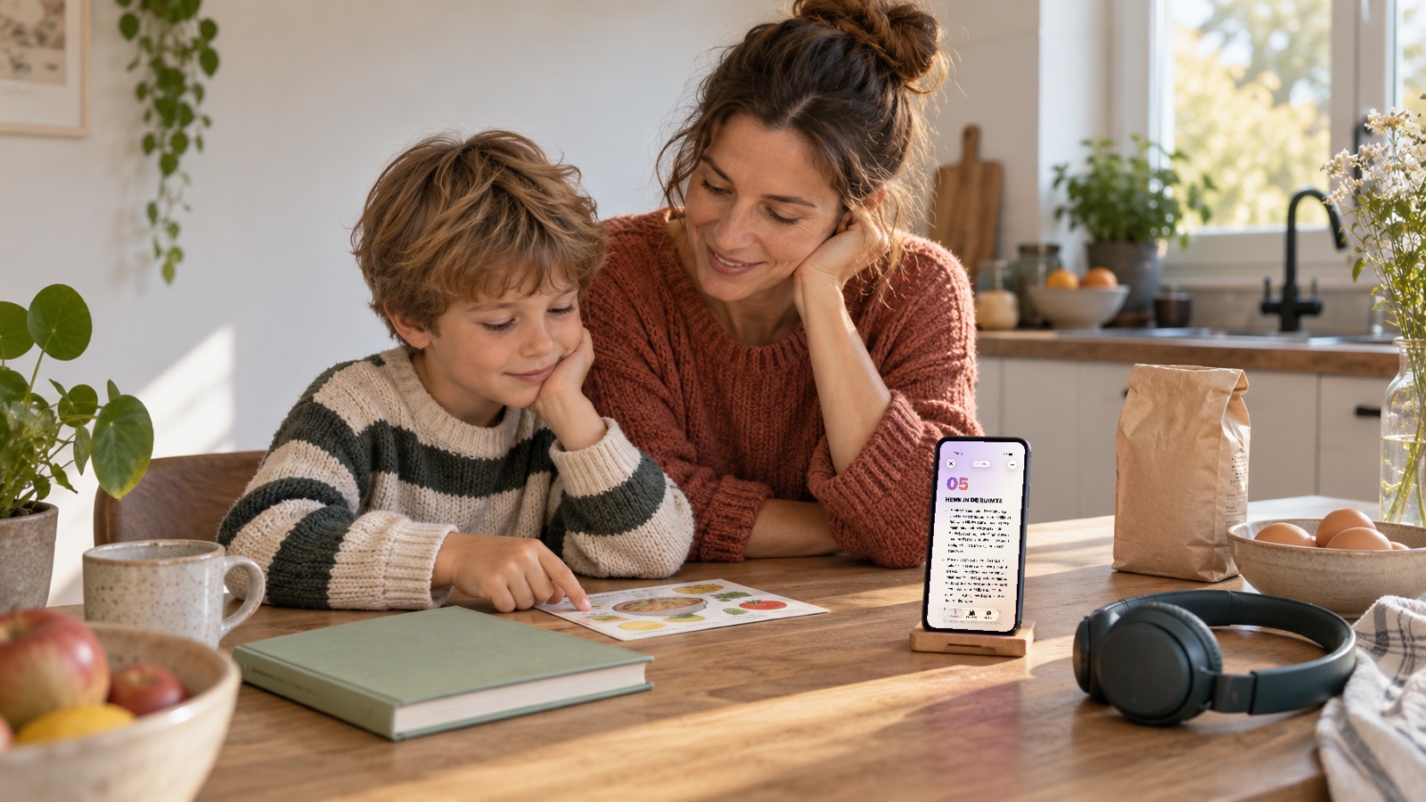 Een ouder en kind kiezen thuis een leesactiviteit terwijl een telefoon een EVI-leesverhaal toont.